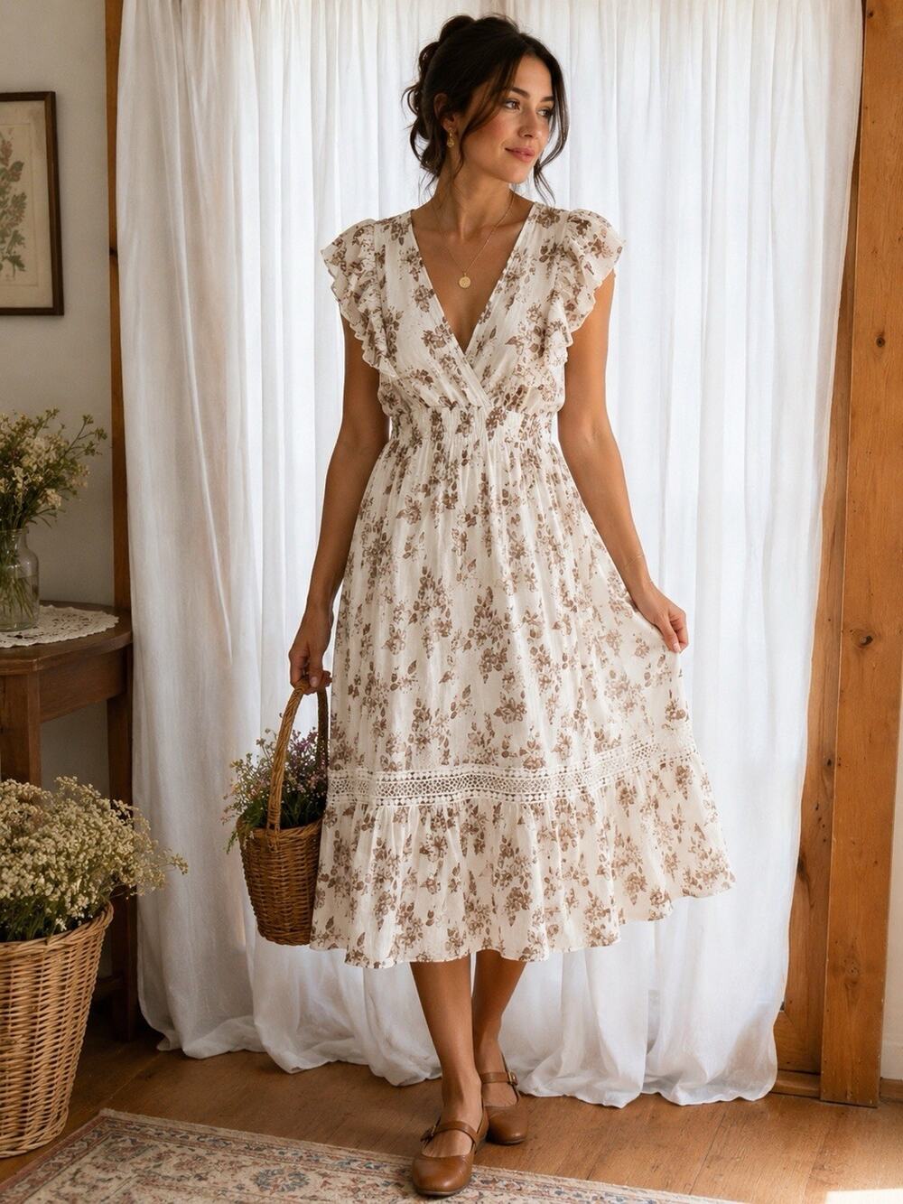 Romantic Cottagecore Neutral Floral Midi Dress Ruffle Prairie Style J Gee Sz M